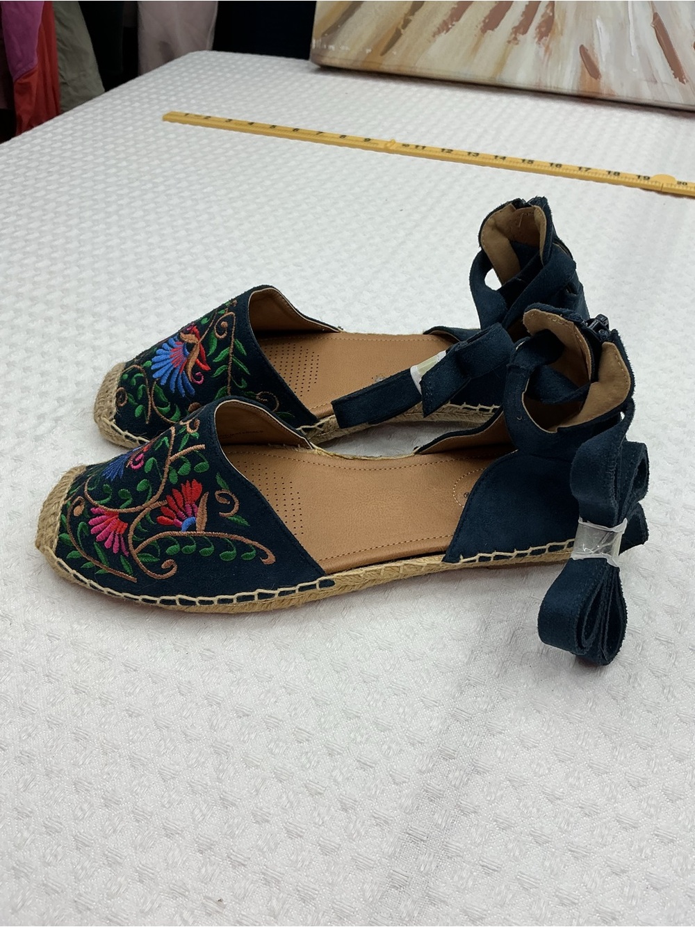 comfortview Navy Floral Embroidered Espadrille Sandals with Ankle Ties